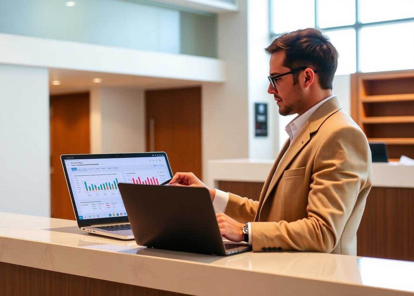 Hotel manager reviewing pricing and occupancy performance on a laptop